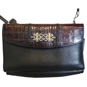 BRIGHTON Black Brown Crossbody Croc Embossed Leather Clutch Organizer Wallet